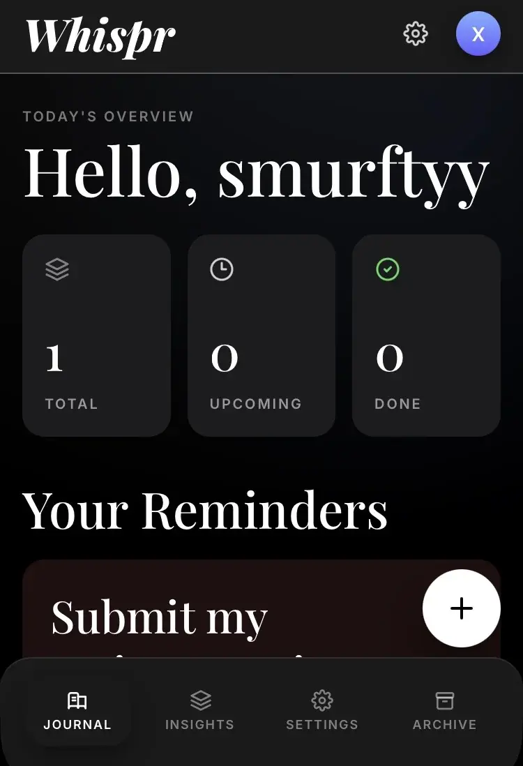 Whispr Mini App journal screen: a "Hello, smurftyy" greeting, counters for 1 total, 0 upcoming and 0 done reminders, the start of a reminder card, and a bottom bar with Journal, Insights, Settings and Archive tabs.